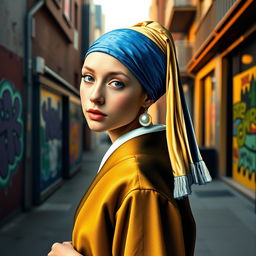 A modern reimagining of Vermeer’s 'Girl with a Pearl Earring': the girl is now wearing contemporary clothing while maintaining the iconic blue and yellow color palette
