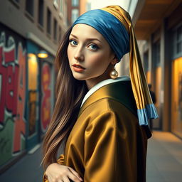 A modern reimagining of Vermeer’s 'Girl with a Pearl Earring': the girl is now wearing contemporary clothing while maintaining the iconic blue and yellow color palette