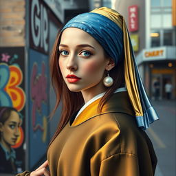 A modern reimagining of Vermeer’s 'Girl with a Pearl Earring': the girl is now wearing contemporary clothing while maintaining the iconic blue and yellow color palette