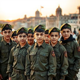 A group of young teenage boys in military attire, resembling Basij forces, standing confidently together in an urban setting