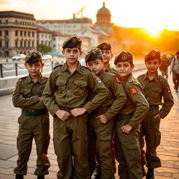 A group of young teenage boys in military attire, resembling Basij forces, standing confidently together in an urban setting