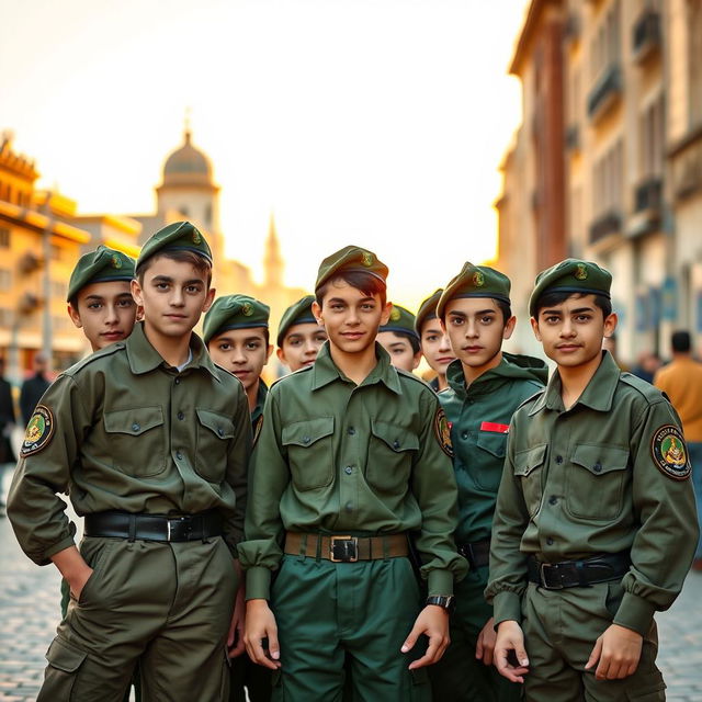 A group of young teenage boys in military attire, resembling Basij forces, standing confidently together in an urban setting