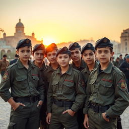 A group of young teenage boys in military attire, resembling Basij forces, standing confidently together in an urban setting