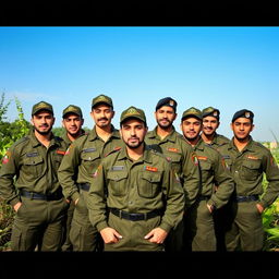 A group of young men in military uniforms, resembling Basij forces, standing together with a sense of pride and unity