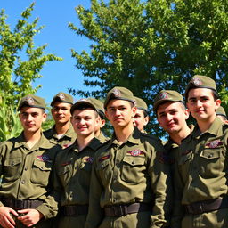 A group of young men in military uniforms, resembling Basij forces, standing together with a sense of pride and unity