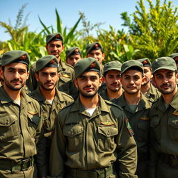 A group of young men in military uniforms, resembling Basij forces, standing together with a sense of pride and unity