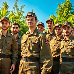 A group of young men in military uniforms, resembling Basij forces, standing together with a sense of pride and unity