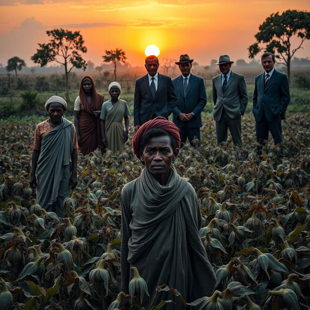 An evocative scene illustrating the oppression faced by farmers during the indigo cultivation period, sparked by British indigo planters in a rural setting