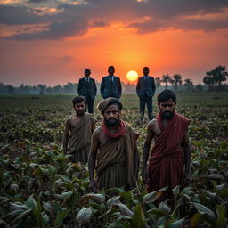 An evocative scene illustrating the oppression faced by farmers during the indigo cultivation period, sparked by British indigo planters in a rural setting