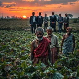 An evocative scene illustrating the oppression faced by farmers during the indigo cultivation period, sparked by British indigo planters in a rural setting