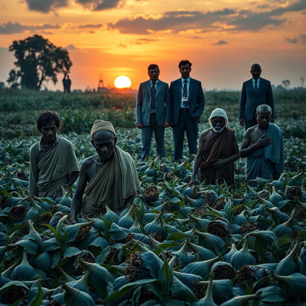 An evocative scene illustrating the oppression faced by farmers during the indigo cultivation period, sparked by British indigo planters in a rural setting