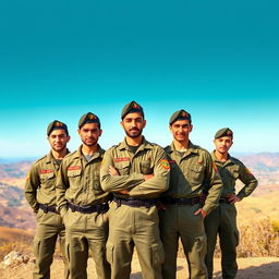 A group of young men in military uniforms, resembling Basij forces, standing confidently and proudly together in a scenic outdoor location