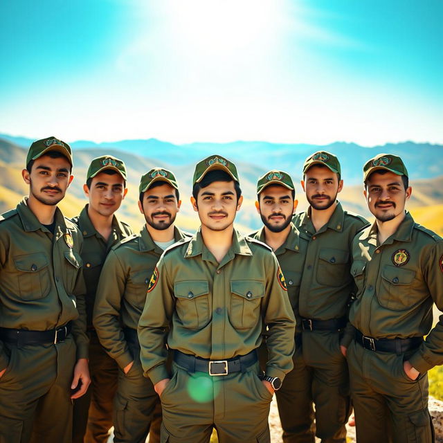 A group of young men in military uniforms, resembling Basij forces, standing confidently and proudly together in a scenic outdoor location