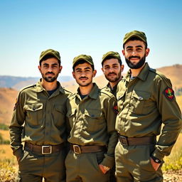 A group of young men in military uniforms, resembling Basij forces, standing confidently and proudly together in a scenic outdoor location