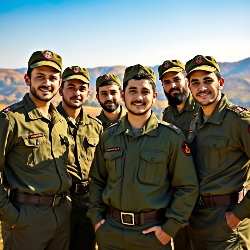 A group of young men in military uniforms, resembling Basij forces, standing confidently and proudly together in a scenic outdoor location