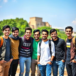 A group of young Iranian men gathered together, smiling and enjoying a moment of friendship