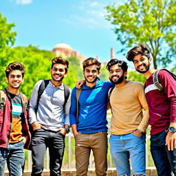 A group of young Iranian men gathered together, smiling and enjoying a moment of friendship