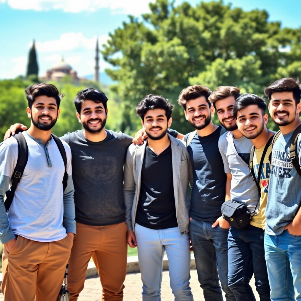 A group of young Iranian men gathered together, smiling and enjoying a moment of friendship