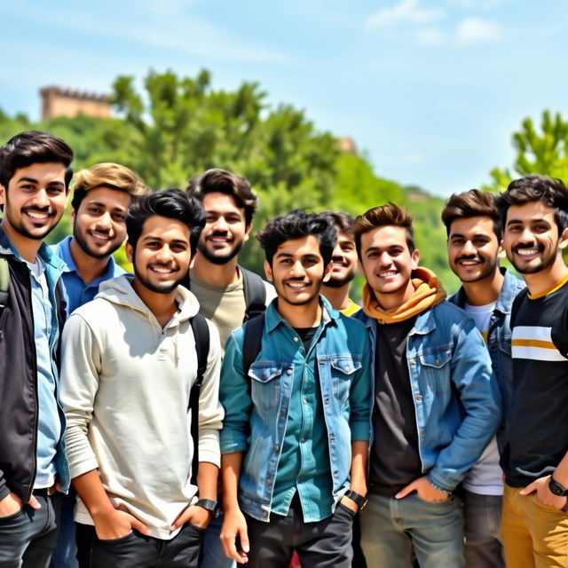 A group of young Iranian men gathered together, smiling and enjoying a moment of friendship