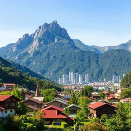 A serene landscape showcasing a vibrant village in the foreground with traditional houses and lush gardens