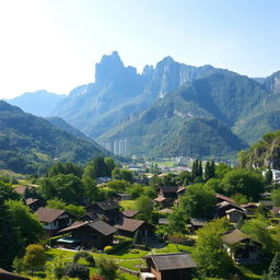 A serene landscape showcasing a vibrant village in the foreground with traditional houses and lush gardens