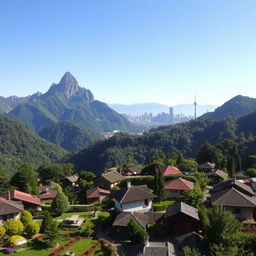 A serene landscape showcasing a vibrant village in the foreground with traditional houses and lush gardens