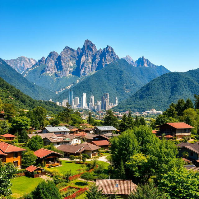 A serene landscape showcasing a vibrant village in the foreground with traditional houses and lush gardens