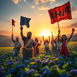 A historical scene depicting a farmer's uprising against forced indigo cultivation