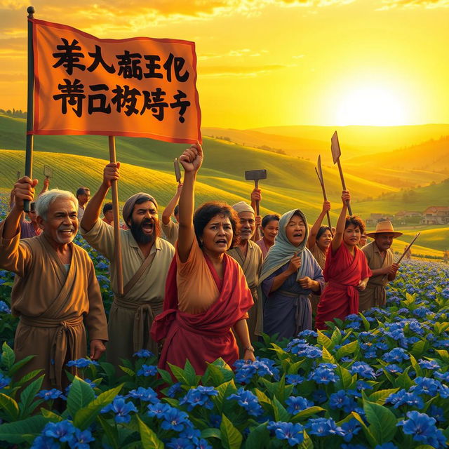 A historical scene depicting a farmer's uprising against forced indigo cultivation