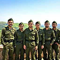 A group of young Iranian men in Basij military uniforms, standing together with a sense of pride and camaraderie