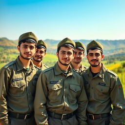 A group of young Iranian men in Basij military uniforms, standing together with a sense of pride and camaraderie