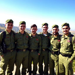 A group of young Iranian men in Basij military uniforms, standing together with a sense of pride and camaraderie