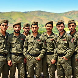 A group of young Iranian men in Basij military uniforms, standing together with a sense of pride and camaraderie
