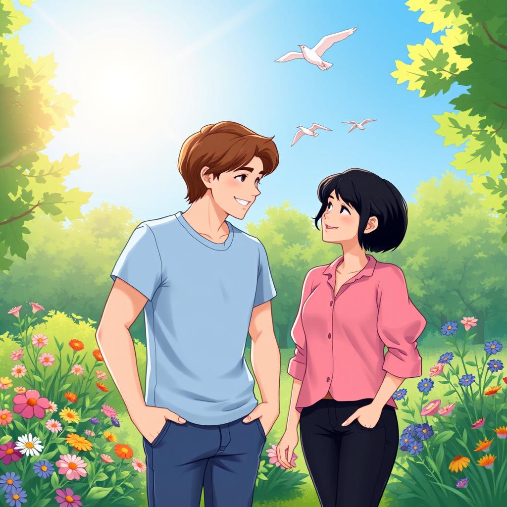 A serene digital illustration depicting a friendly encounter between two characters named Sam and Sue