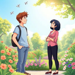 A serene digital illustration depicting a friendly encounter between two characters named Sam and Sue