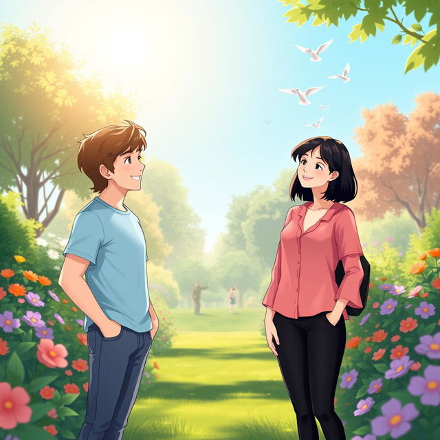 A serene digital illustration depicting a friendly encounter between two characters named Sam and Sue