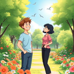 A serene digital illustration depicting a friendly encounter between two characters named Sam and Sue