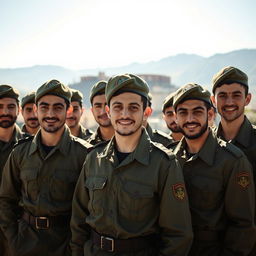 A group of young Iranian men in Basij uniforms, standing together with expressions of pride and determination