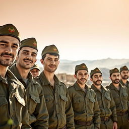 A group of young Iranian men in Basij uniforms, standing together with expressions of pride and determination