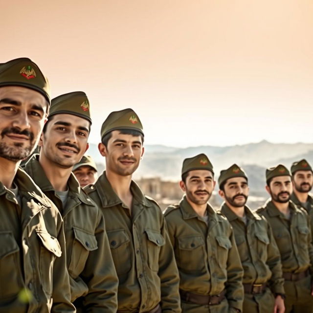 A group of young Iranian men in Basij uniforms, standing together with expressions of pride and determination