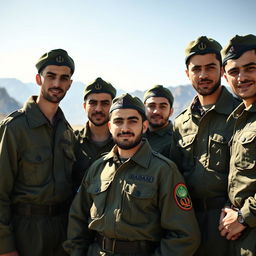 A group of young Iranian men in Basij uniforms, standing together with expressions of pride and determination
