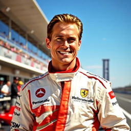 A portrait of Michael Schumacher, the legendary Formula 1 driver, in his iconic racing suit, standing confidently next to a sleek, modern racing car