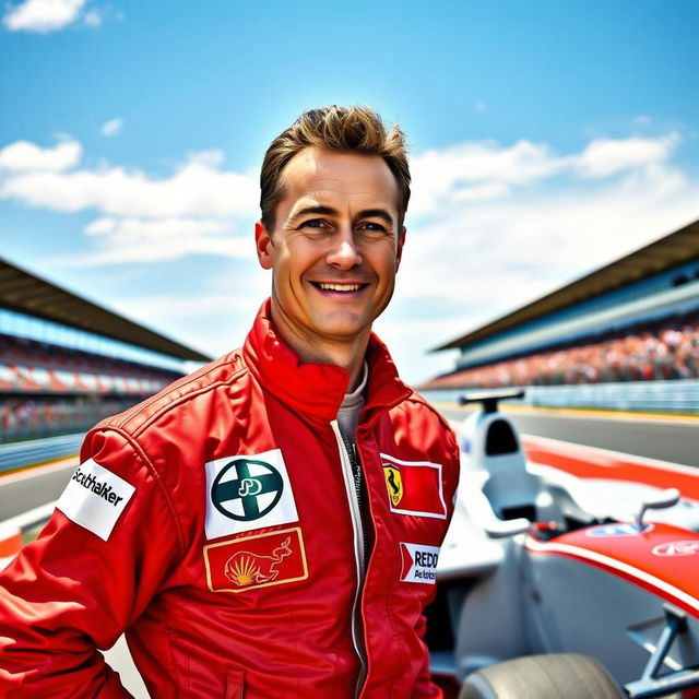 A portrait of Michael Schumacher, the legendary Formula 1 driver, in his iconic racing suit, standing confidently next to a sleek, modern racing car