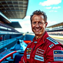 A portrait of Michael Schumacher, the legendary Formula 1 driver, in his iconic racing suit, standing confidently next to a sleek, modern racing car