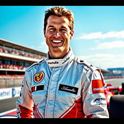 A portrait of Michael Schumacher, the legendary Formula 1 driver, in his iconic racing suit, standing confidently next to a sleek, modern racing car