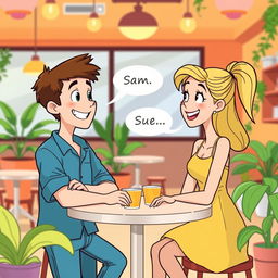 A warm and friendly conversation between two animated characters, Sam and Sue, in a vibrant cafe setting