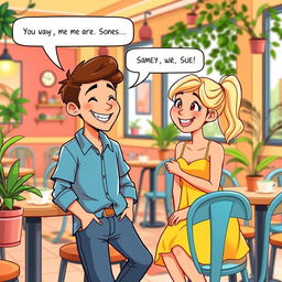 A warm and friendly conversation between two animated characters, Sam and Sue, in a vibrant cafe setting