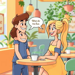 A warm and friendly conversation between two animated characters, Sam and Sue, in a vibrant cafe setting