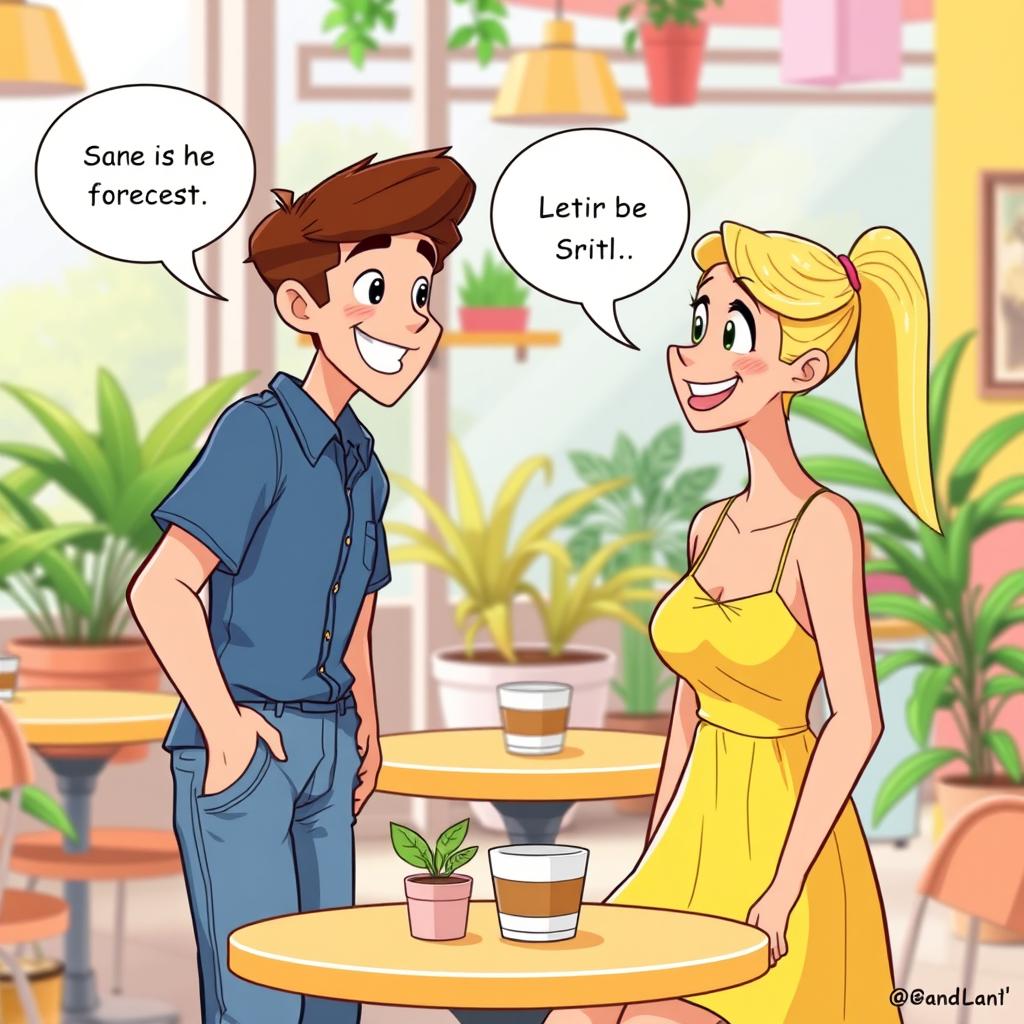 A warm and friendly conversation between two animated characters, Sam and Sue, in a vibrant cafe setting