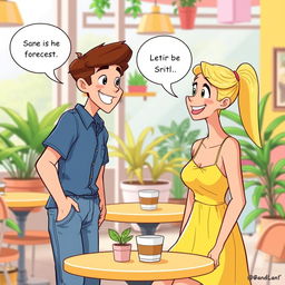 A warm and friendly conversation between two animated characters, Sam and Sue, in a vibrant cafe setting